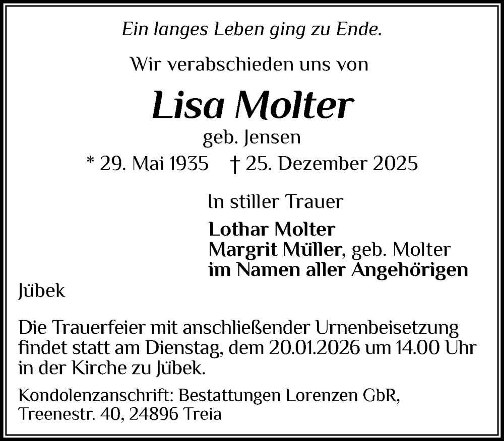  Traueranzeige für Lisa Molter vom 10.01.2026 aus Schleswiger Nachrichten, Schlei-Bote