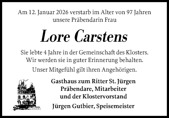 Traueranzeige von Lore Carstens von Husumer Nachrichten, Nordfriesland Tageblatt