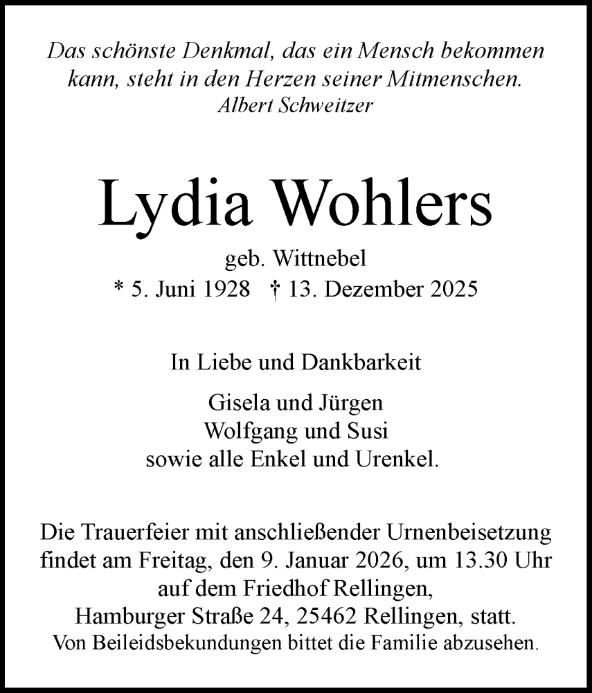  Traueranzeige für Lydia Wohlers vom 03.01.2026 aus Region Pinneberg und tip Pinneberg