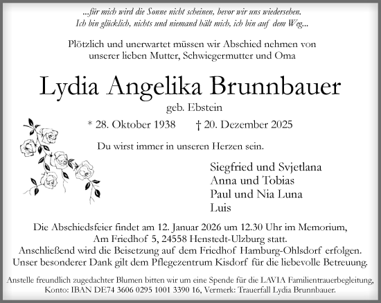 Traueranzeige von Lydia Angelika Brunnbauer von Umschau