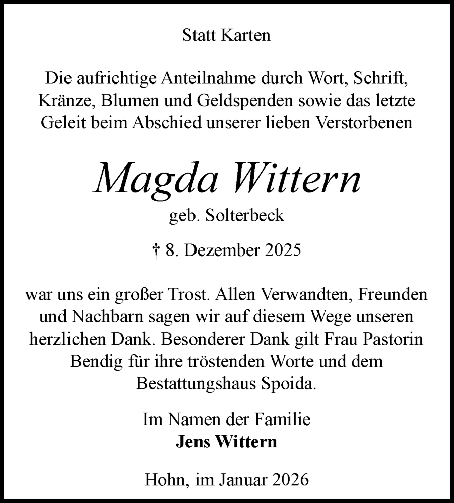  Traueranzeige für Magda Wittern vom 17.01.2026 aus Schleswig-Holsteinische Landeszeitung