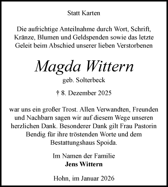 Traueranzeige von Magda Wittern von Schleswig-Holsteinische Landeszeitung