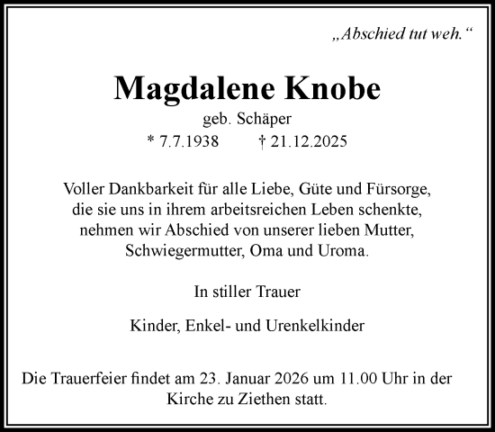 Traueranzeige von Magdalene Knobe von MARKT Ratzeburg/Mölln