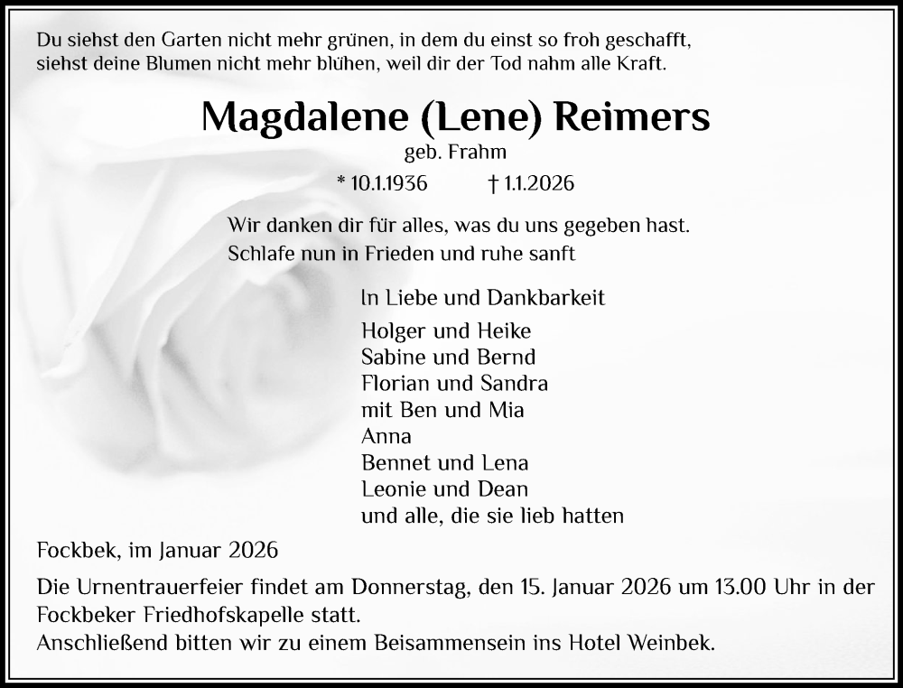  Traueranzeige für Magdalene Reimers vom 10.01.2026 aus Schleswig-Holsteinische Landeszeitung