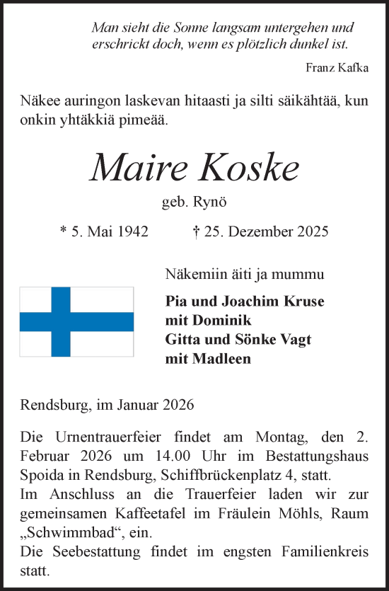 Traueranzeige von Maire Koske von Schleswig-Holsteinische Landeszeitung