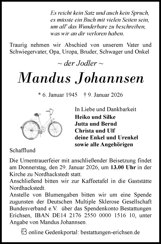 Traueranzeige von Mandus Johannsen von Region Flensburg