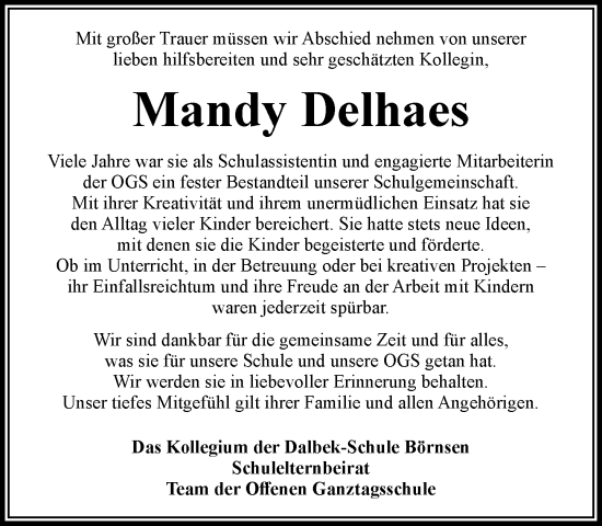 Traueranzeige von Mandy Delhaes von Wochenend Anzeiger