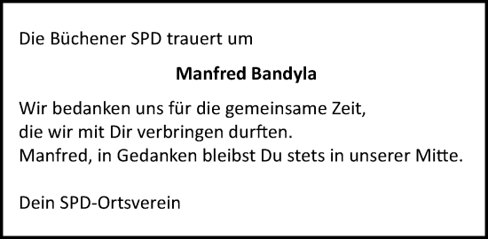 Traueranzeige von Manfred Bandyla von Wochenend Anzeiger