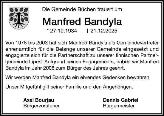 Traueranzeige von Manfred Bandyla von Wochenend Anzeiger