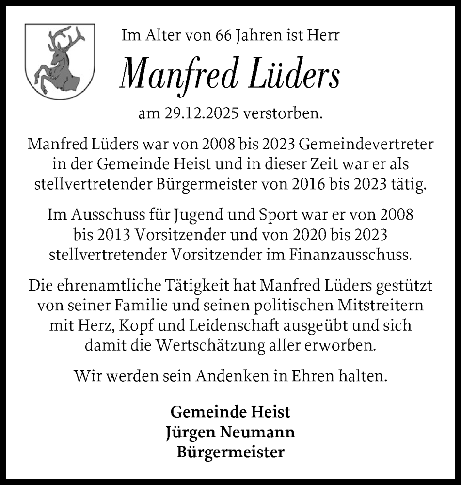  Traueranzeige für Manfred Lüders vom 24.01.2026 aus Uetersener Nachrichten, Der tip am Wochenende