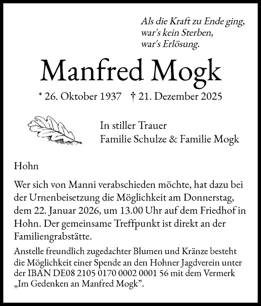  Traueranzeige für Manfred Mogk vom 03.01.2026 aus Schleswig-Holsteinische Landeszeitung