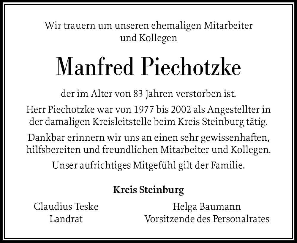  Traueranzeige für Manfred Piechotzke vom 14.01.2026 aus Norddeutsche Rundschau, Wilstersche Zeitung, Glückstädter Fortuna