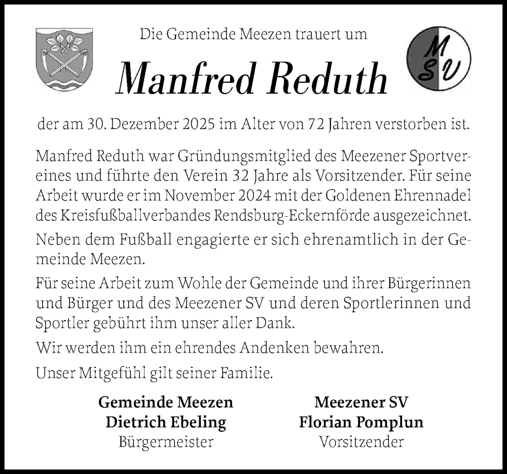  Traueranzeige für Manfred Reduth vom 17.01.2026 aus Schleswig-Holsteinische Landeszeitung