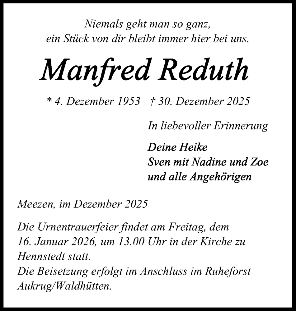  Traueranzeige für Manfred Reduth vom 10.01.2026 aus Schleswig-Holsteinische Landeszeitung