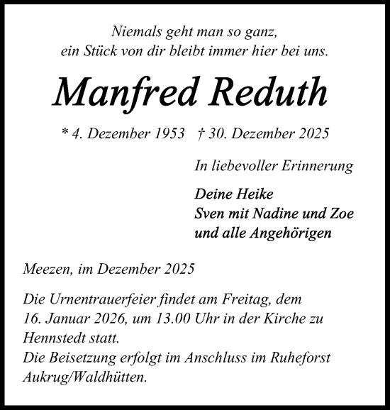 Traueranzeige von Manfred Reduth von Schleswig-Holsteinische Landeszeitung