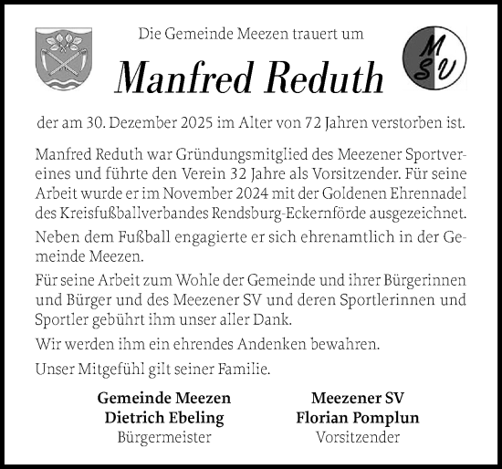 Traueranzeige von Manfred Reduth von Schleswig-Holsteinische Landeszeitung