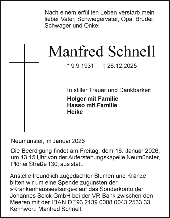 Traueranzeige von Manfred Schnell von Holsteinischer Courier