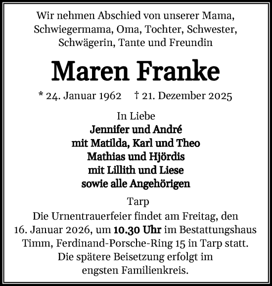 Traueranzeige von Maren Franke von Flensburger Tageblatt