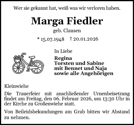 Traueranzeige von Marga Fiedler von Flensburger Tageblatt