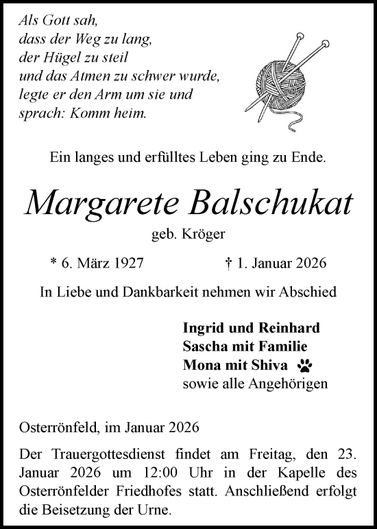 Traueranzeige von Margarete Balschukat von Schleswig-Holsteinische Landeszeitung