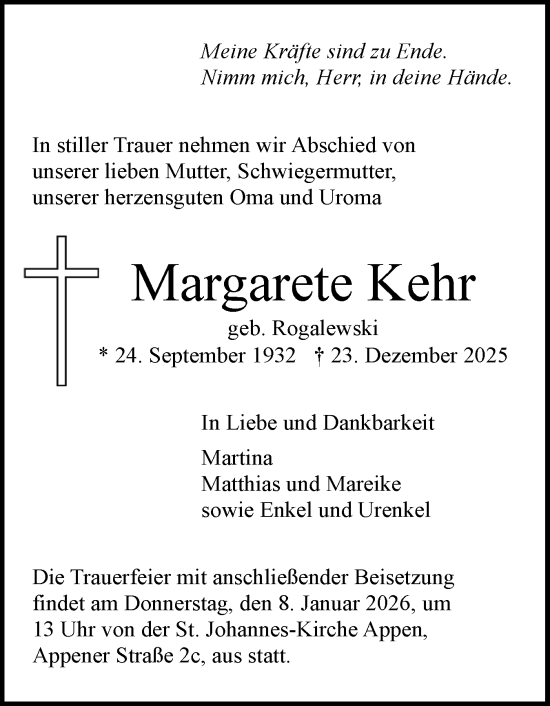 Traueranzeige von Margarete Kehr von Region Pinneberg und tip Pinneberg