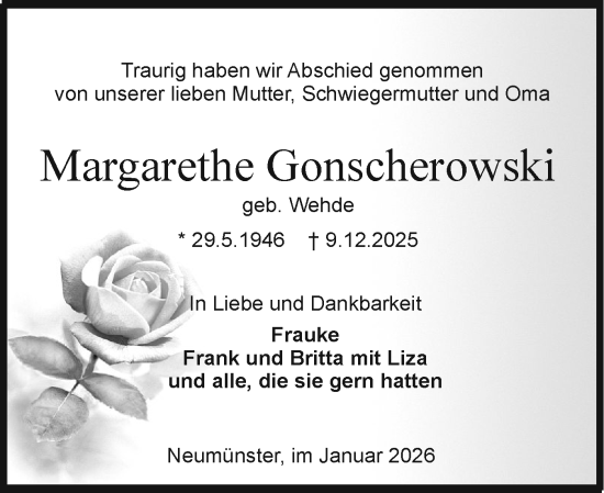 Traueranzeige von Margarethe Gonscherowski von Holsteinischer Courier