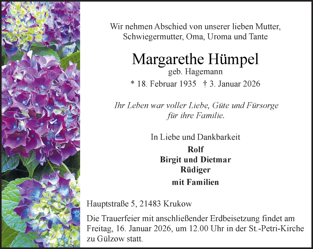  Traueranzeige für Margarethe Hümpel vom 10.01.2026 aus Wochenend Anzeiger