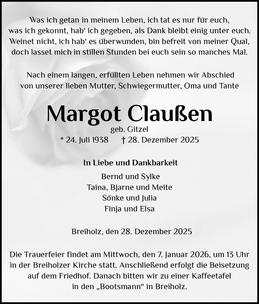  Traueranzeige für Margot Claußen vom 03.01.2026 aus Schleswig-Holsteinische Landeszeitung