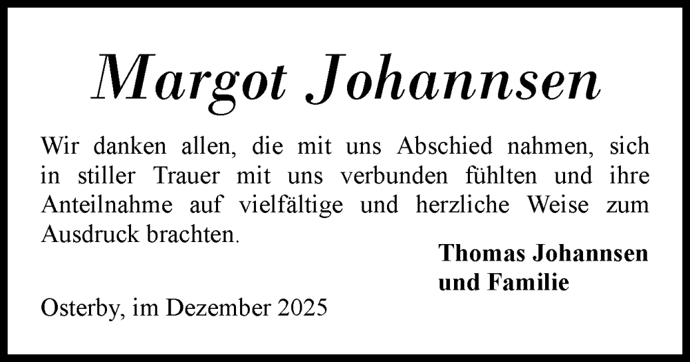  Traueranzeige für Margot Johannsen vom 03.01.2026 aus Flensburger Tageblatt