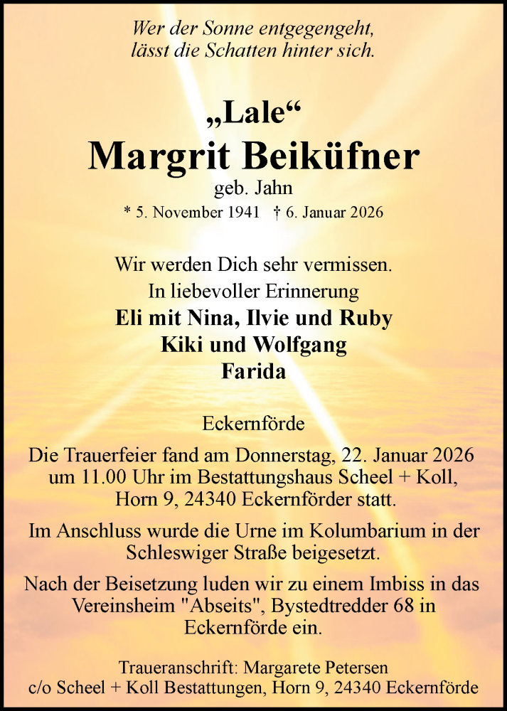  Traueranzeige für Margrit Beiküfner vom 24.01.2026 aus Hallo Eckernförde