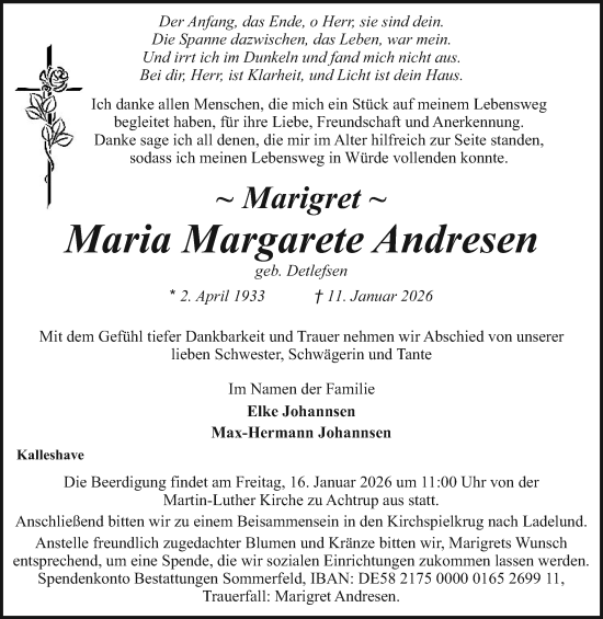 Traueranzeige von Maria Margarete Andresen von Region Flensburg