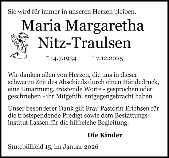 Traueranzeige von Maria Margaretha Nitz-Traulsen von Schleswiger Nachrichten, Schlei-Bote