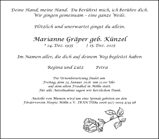 Traueranzeige von Marianne Gräper von MARKT Ratzeburg/Mölln