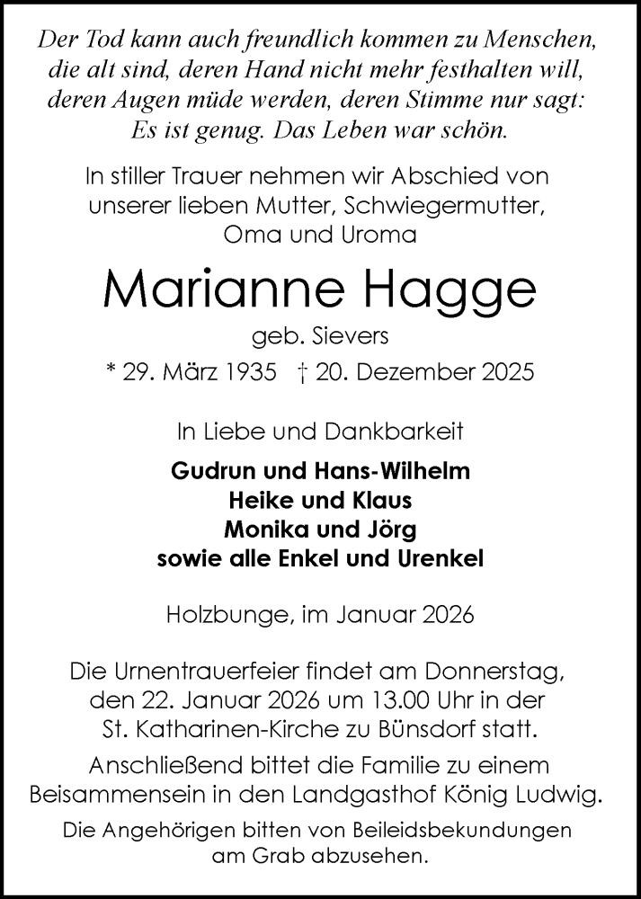  Traueranzeige für Marianne Hagge vom 15.01.2026 aus Schleswig-Holsteinische Landeszeitung