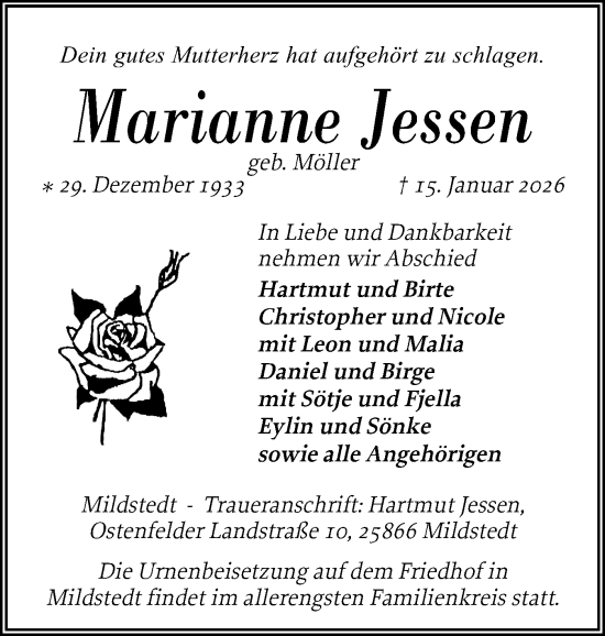 Traueranzeige von Marianne Jessen von Husumer Nachrichten, Nordfriesland Tageblatt