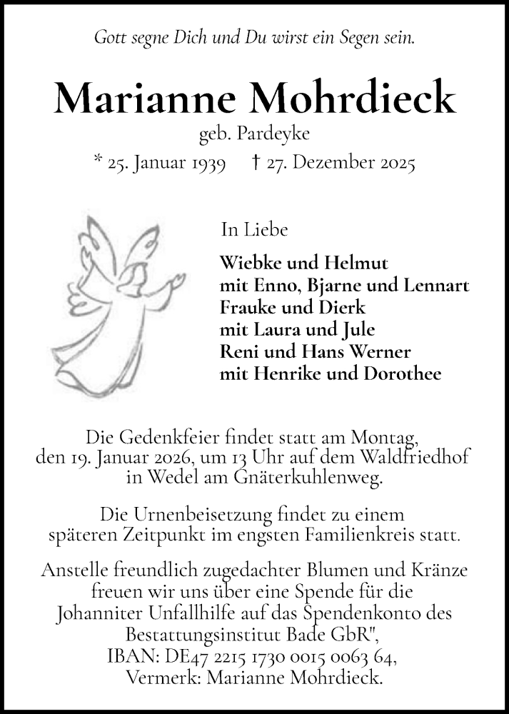  Traueranzeige für Marianne Mohrdieck vom 10.01.2026 aus Wedel-Schulauer Tageblatt, tip Wedel-Schulauer Tageblatt, tip Rissener Rundschau