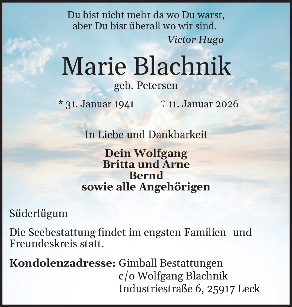  Traueranzeige für Marie Blachnik vom 16.01.2026 aus Husumer Nachrichten, Nordfriesland Tageblatt
