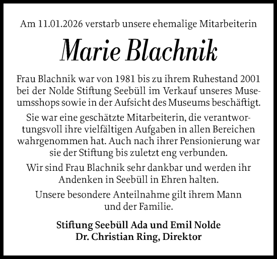 Traueranzeige von Marie Blachnik von Husumer Nachrichten, Nordfriesland Tageblatt