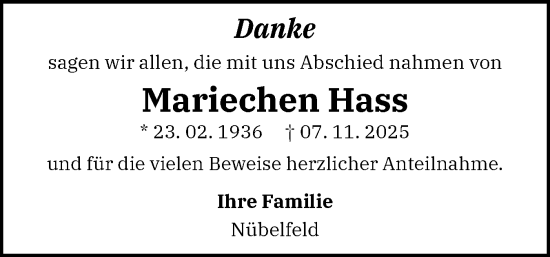 Traueranzeige von Mariechen Hass von Flensburger Tageblatt