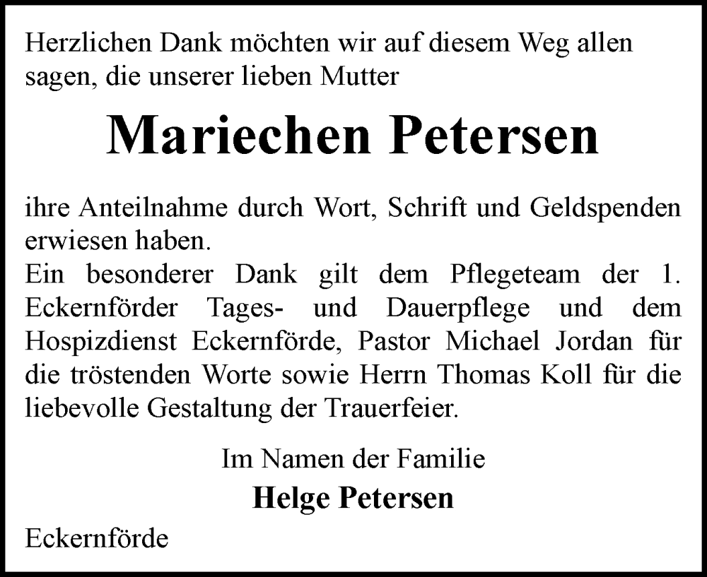  Traueranzeige für Mariechen Petersen vom 24.01.2026 aus Eckernförder Zeitung, Hallo Eckernförde