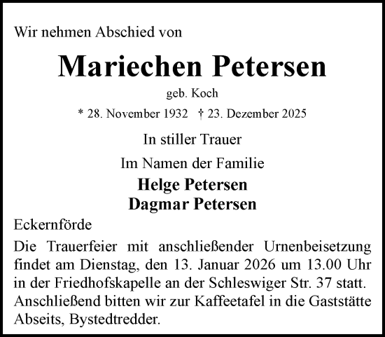 Traueranzeige von Mariechen Petersen von Eckernförder Zeitung, Hallo Eckernförde