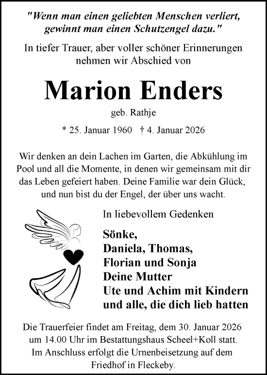 Traueranzeige von Marion Enders von Eckernförder Zeitung, Hallo Eckernförde