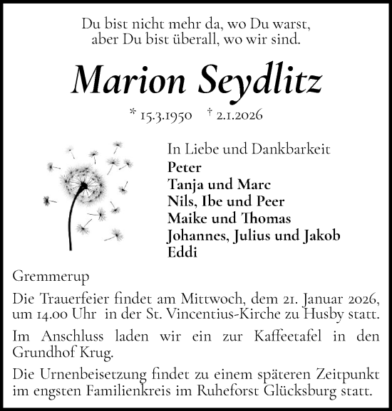Traueranzeige von Marion Seydlitz von Flensburger Tageblatt