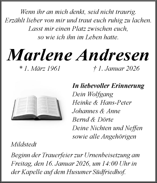 Traueranzeige von Marlene Andresen von Husumer Nachrichten, Nordfriesland Tageblatt