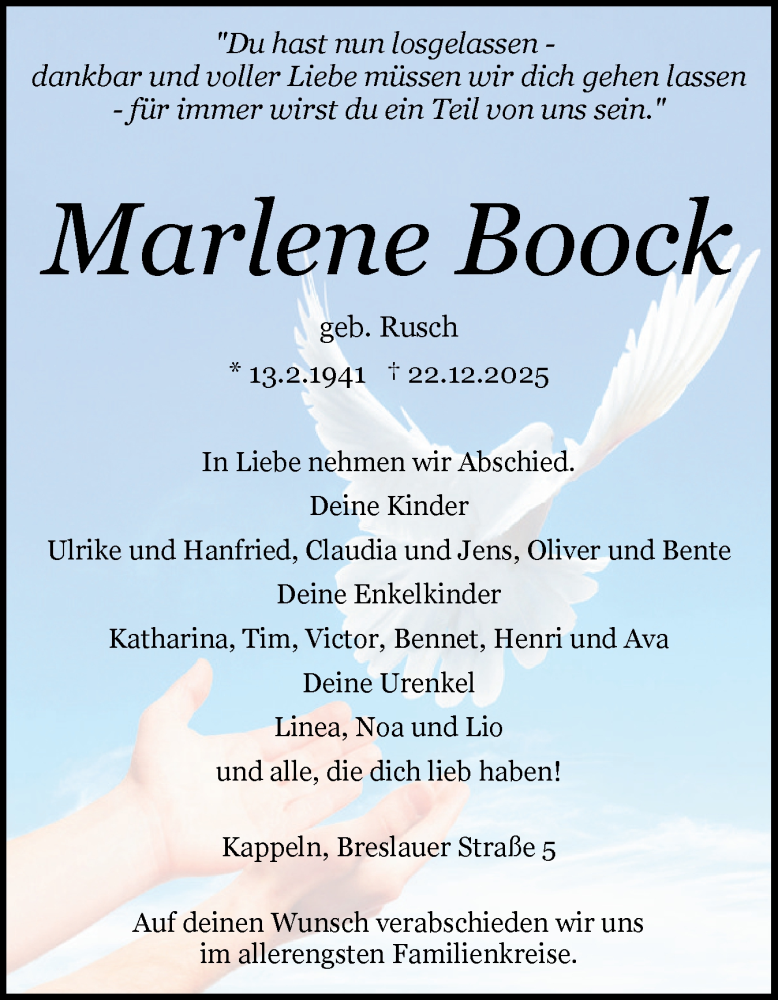  Traueranzeige für Marlene Boock vom 07.01.2026 aus Schleswiger Nachrichten, Schlei-Bote