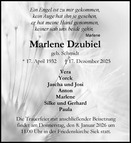 Traueranzeige von Marlene Dzubiel von MARKT Ahrensburg/Bargteheide/Trittau und Stormarner Tageblatt