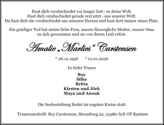 Traueranzeige von Marlies Carstensen von Sylter Rundschau