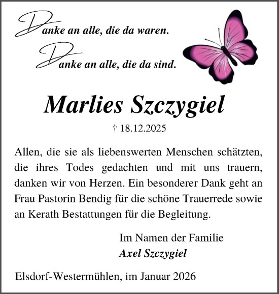 Traueranzeige von Marlies Szczygiel von Schleswig-Holsteinische Landeszeitung