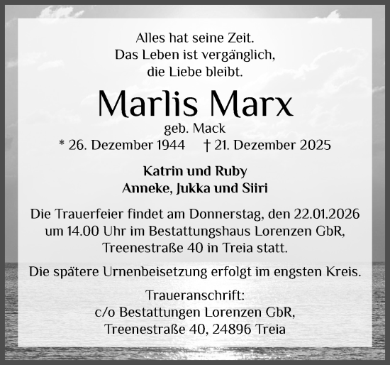 Traueranzeige von Marlis Marx von Schleswiger Nachrichten, Schlei-Bote