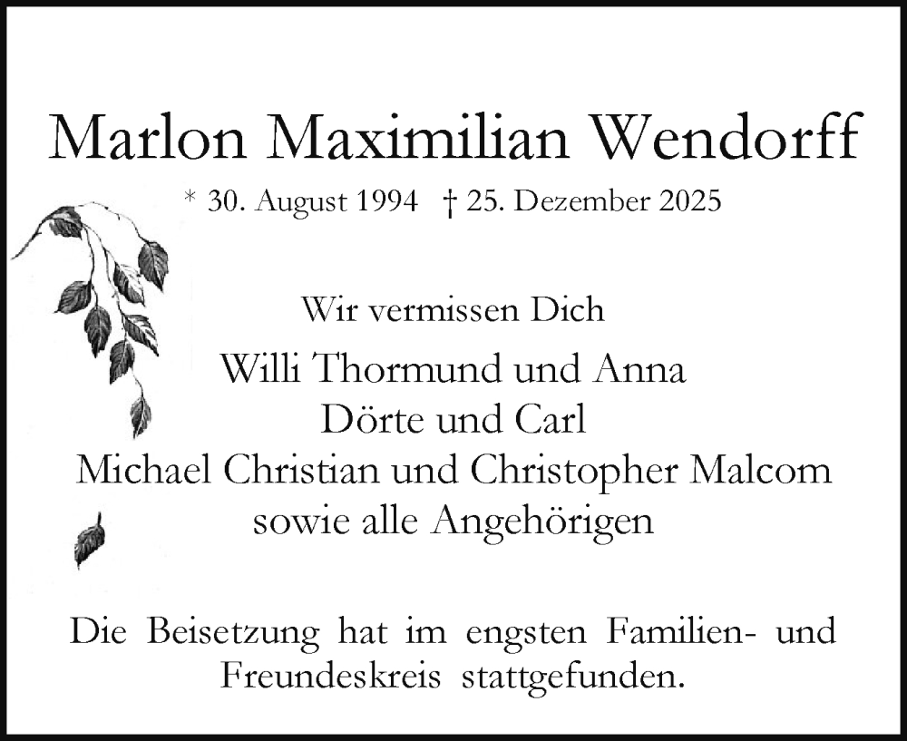  Traueranzeige für Marlon Maximilian Wendorff vom 10.01.2026 aus Region Pinneberg und tip Pinneberg